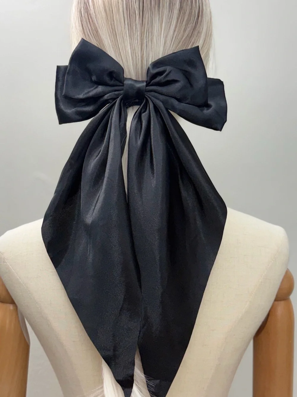 New Oversized Black Satin Bow Hair Barrette Long Tail Statement Clip
